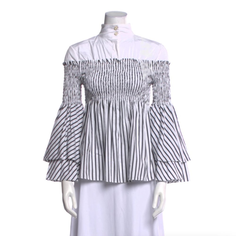 Caroline Constas Blouse Ruffle Tiered High Neck Bell Sleeves XS Striped